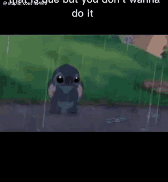 a cartoon character is standing on a sidewalk in the rain with his mouth open .