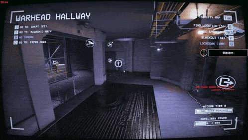 a video game screen shows a hallway with the words warhead hallway at the top