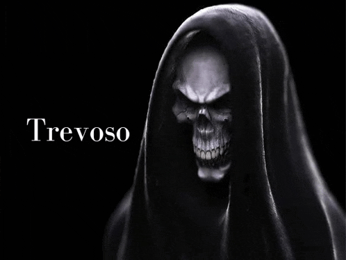 a grim reaper with a hood on his head is standing in the dark .