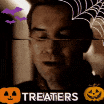a man with his eyes closed is surrounded by pumpkins and bats and the words `` treaters '' .