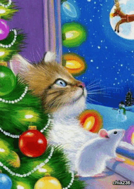 a painting of a cat and a mouse in front of a christmas tree with the watermark chia236