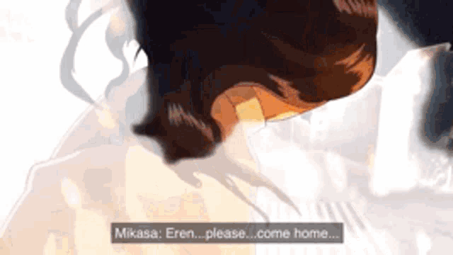 a close up of a person 's face with the words mikasa eren please come home below it