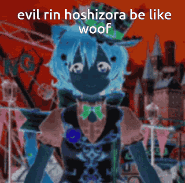 evil rin hoshizora be like woof written on a picture of a girl