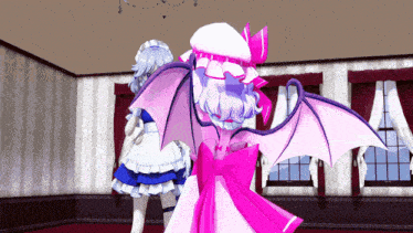 a couple of anime characters standing in a room