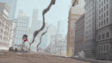 a cartoon character is running through a destroyed city with smoke coming out of the ground