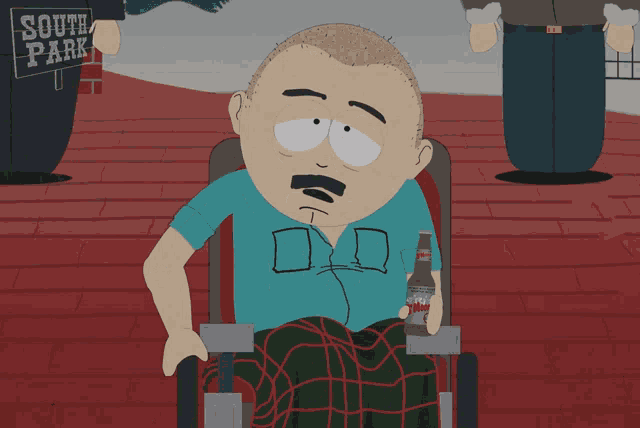 a cartoon character in a wheelchair holding a bottle of corona