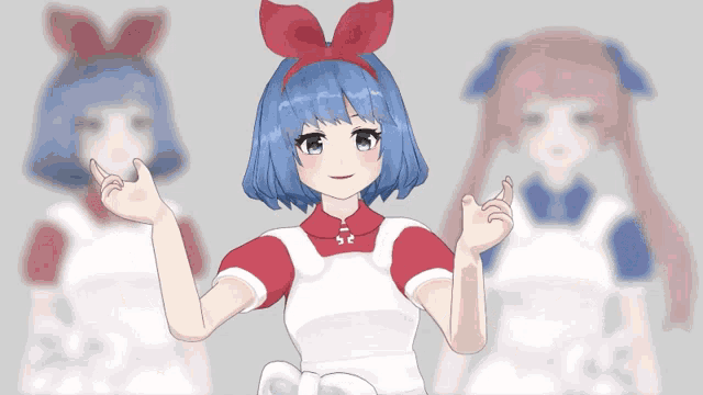 a girl with blue hair and a red bow on her head stands in front of two other girls