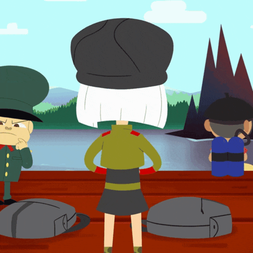 a cartoon of a girl in a military uniform standing next to a man in a hat