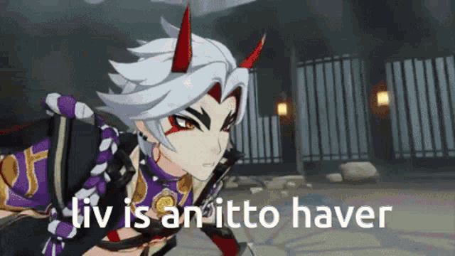 a cartoon character with horns and the words liv is an itto haver written below him .