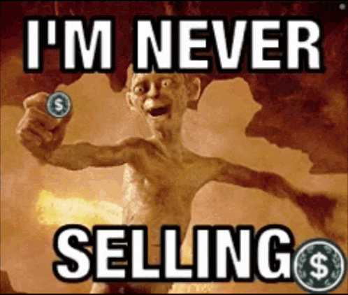 a picture of a naked man holding a coin with the words i 'm never selling