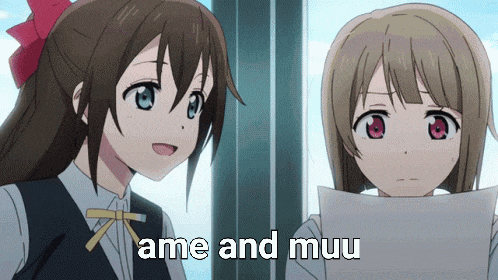 two anime girls are standing next to each other with the words ame and muu on the bottom right