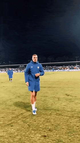 a man in a blue jacket stands on a field