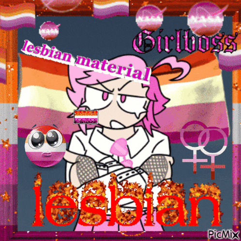 a picture of a cartoon girl with the words lesbian material on it