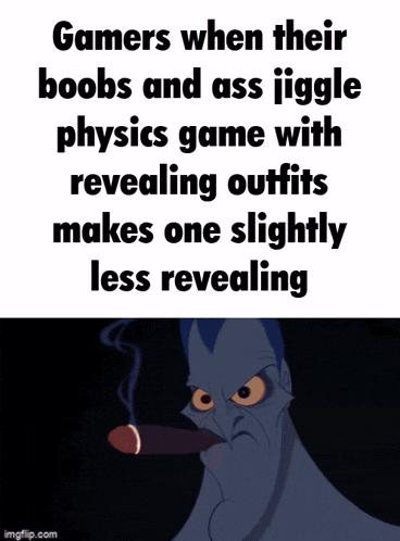 a cartoon of a man smoking a cigar with the words gamers when their boobs and ass jiggle physics game