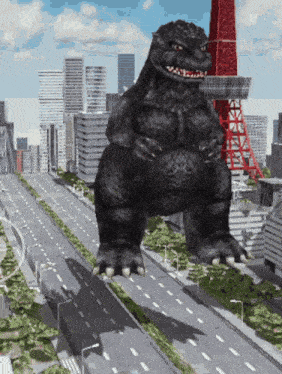 a giant black monster is flying over a city street