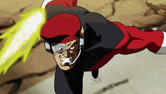 a man in a red and black superhero costume is flying through the air with a sword in his hand .