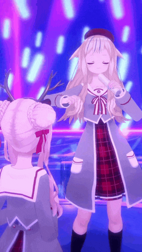 a girl in a plaid dress is holding a microphone in her hand