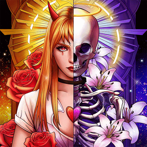 a painting of a woman with horns and a skeleton with flowers