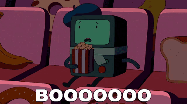 a cartoon character is holding a bag of popcorn and the word boo00000 is on the bottom right