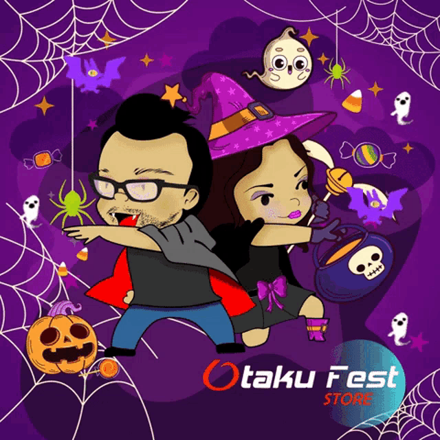 a cartoon of a man and a woman with the words otaku fest store on the bottom