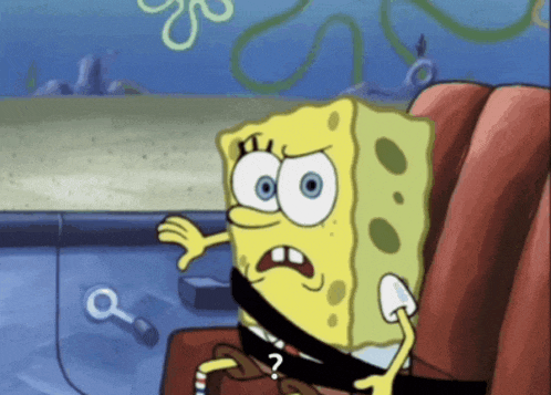 a cartoon of spongebob wearing a seat belt with a question mark on his face