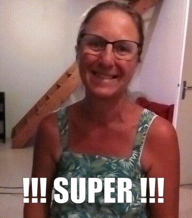 a woman wearing glasses and a green tank top is smiling with the words super written below her