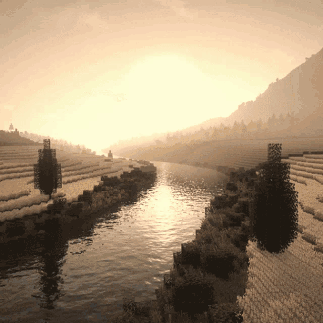 the sun is shining through the clouds over a river with trees in the foreground