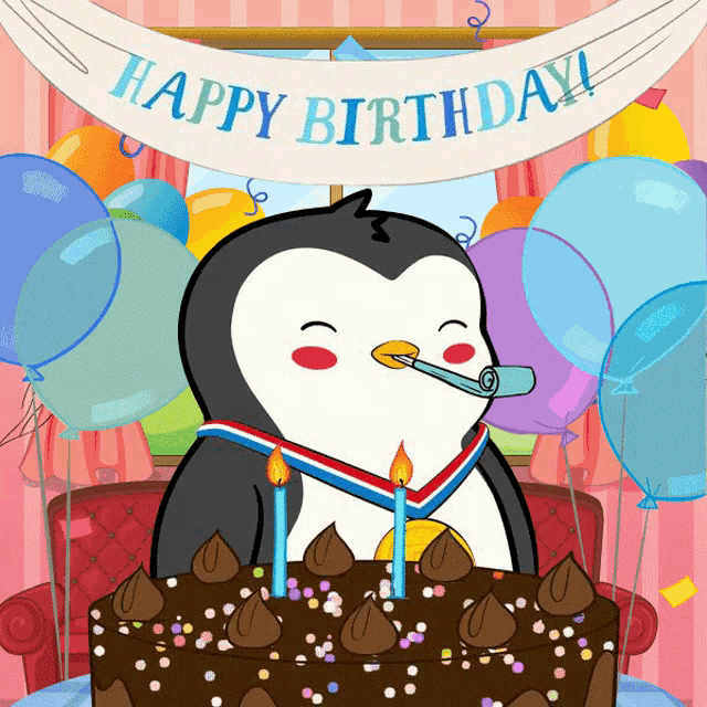 a penguin is blowing a horn in front of a birthday cake with balloons and a happy birthday banner
