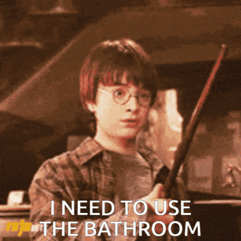 a picture of harry potter holding a wand with the words i need to use the bathroom below him