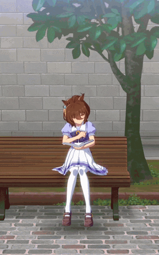 a girl in a white dress is sitting on a bench with her arms crossed