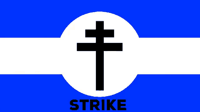 a blue and white flag with a cross in the center and the word strike below it