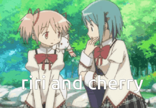 two anime girls standing next to each other with the words " riri and cherry " written on the bottom