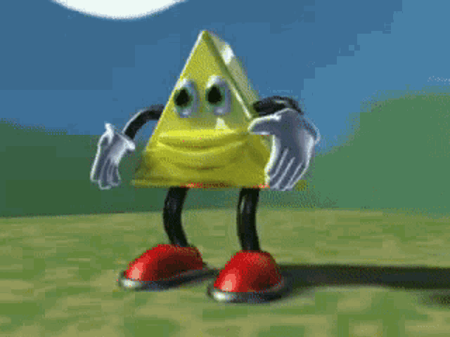 a yellow triangle with arms and legs is dancing in a field