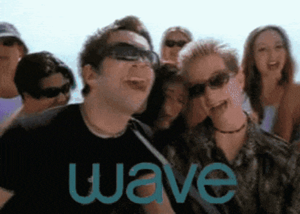 a group of people are posing for a picture and the word wave is visible