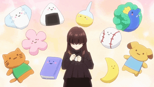 a girl is surrounded by a bunch of stuffed animals including a baseball