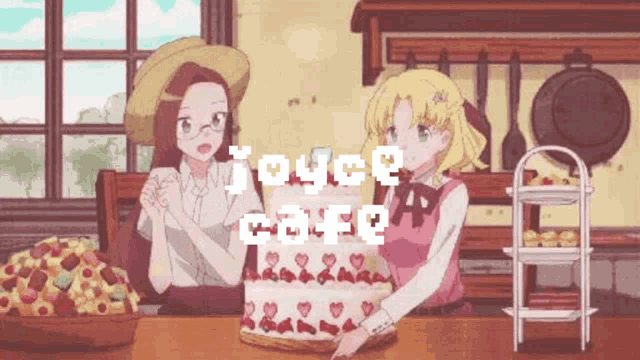 two anime girls are sitting at a table with a cake and the words joyce cafe on the bottom