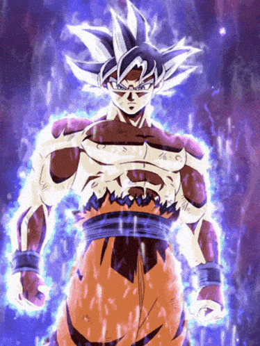 a drawing of a man with a purple background and a white hair