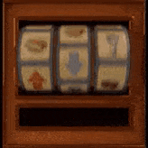 a slot machine is spinning in a wooden box with cards on it .