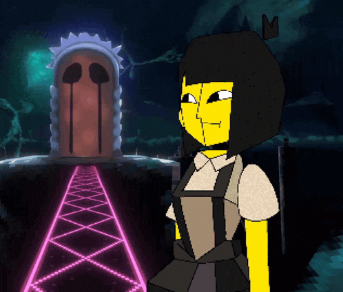 a pixel art drawing of a girl standing in front of a door with tears coming out of it