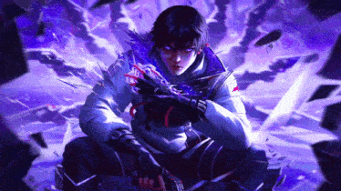a man in a white jacket with a red x on his chest is surrounded by purple lights