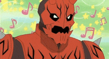 a cartoon character is surrounded by musical notes and stars