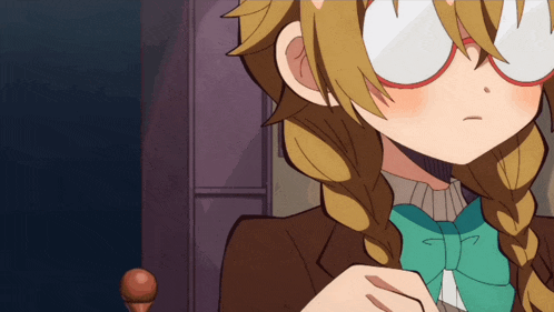a cartoon girl with braids and glasses has a serious look on her face