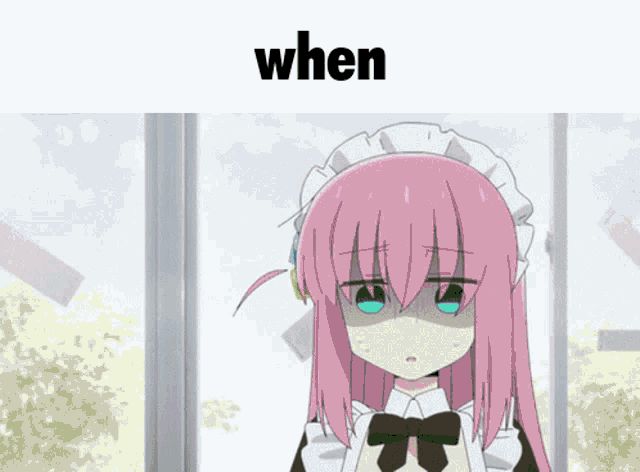 a girl with pink hair and blue eyes is standing in front of a window with the word when above her