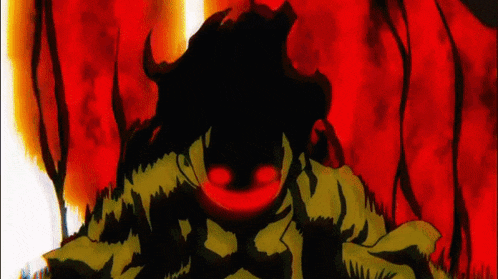 a silhouette of a demon with red eyes and horns
