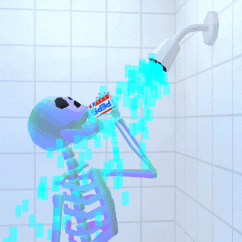 a skeleton is taking a shower with a bottle of pepsi