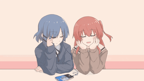 two anime girls are sitting at a table listening to music on a cell phone