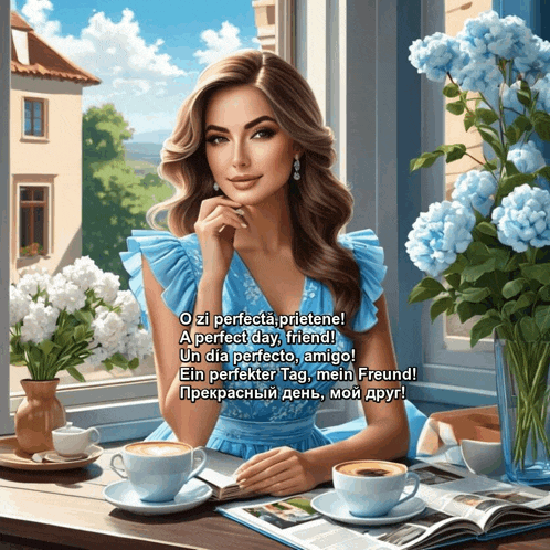 a woman in a blue dress sits at a table with two cups of coffee and a book