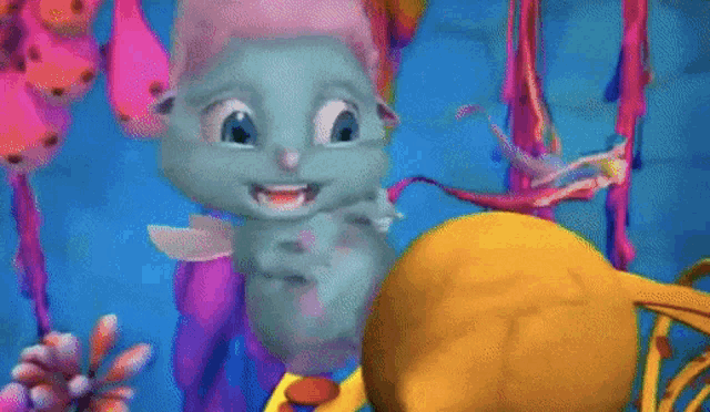 a cartoon character is smiling in front of a colorful background