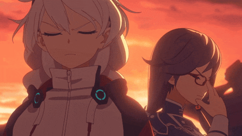 two anime characters are standing next to each other with one having glasses on