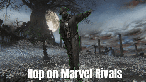 a poster with a scarecrow and the words hop on marvel rivals on it